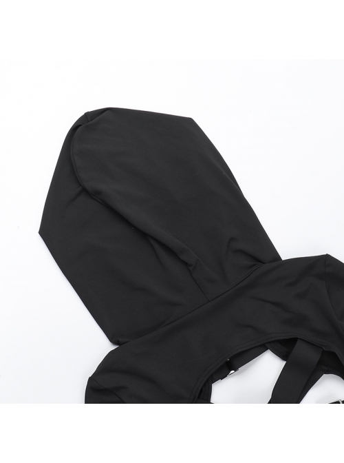 Black Simple Personality Hooded Front Chest Hollow Buckle Decoration Punk Style Long Sleeved Top