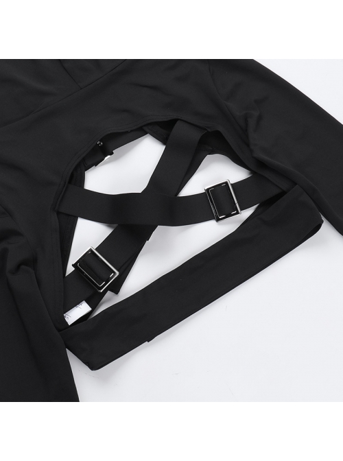Black Simple Personality Hooded Front Chest Hollow Buckle Decoration Punk Style Long Sleeved Top