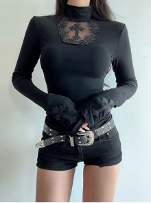 Sexy Black Slim Fit Chest Stitching Embroidered Cross Mesh Pattern Embellished Punk Style Long Sleeved Top