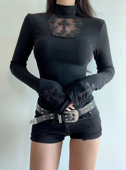 Sexy Black Slim Fit Chest Stitching Embroidered Cross Mesh Pattern Embellished Punk Style Long Sleeved Top