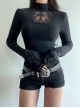 Sexy Black Slim Fit Chest Stitching Embroidered Cross Mesh Pattern Embellished Punk Style Long Sleeved Top