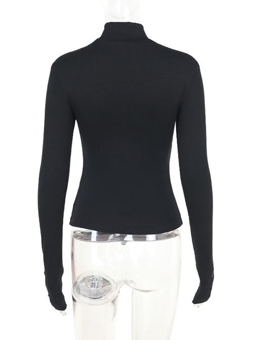 Sexy Black Slim Fit Chest Stitching Embroidered Cross Mesh Pattern Embellished Punk Style Long Sleeved Top