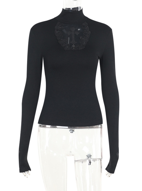 Sexy Black Slim Fit Chest Stitching Embroidered Cross Mesh Pattern Embellished Punk Style Long Sleeved Top