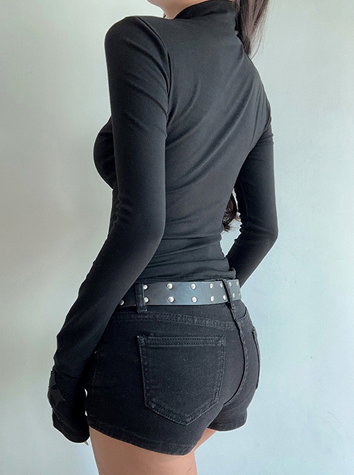 Sexy Black Slim Fit Chest Stitching Embroidered Cross Mesh Pattern Embellished Punk Style Long Sleeved Top