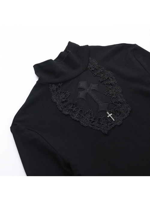 Sexy Black Slim Fit Chest Stitching Embroidered Cross Mesh Pattern Embellished Punk Style Long Sleeved Top
