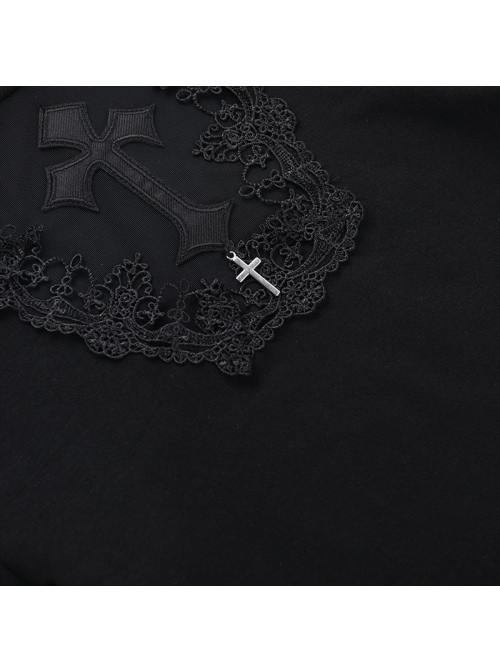 Sexy Black Slim Fit Chest Stitching Embroidered Cross Mesh Pattern Embellished Punk Style Long Sleeved Top