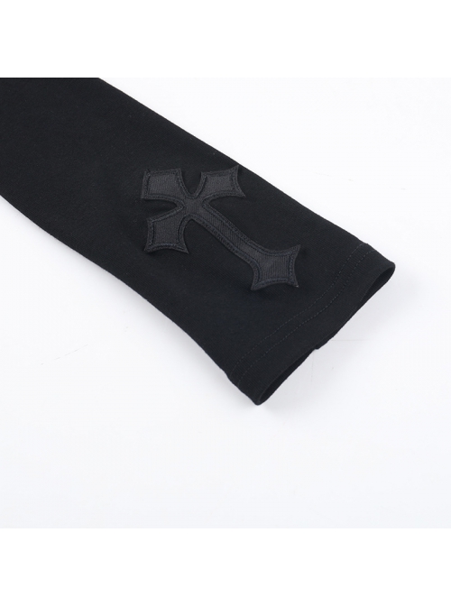 Sexy Black Slim Fit Chest Stitching Embroidered Cross Mesh Pattern Embellished Punk Style Long Sleeved Top