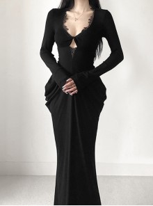 Black Sexy Waist V Neck Front Hollow Design Gothic Style Hip Wrapped Long Sleeved Dress