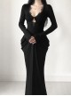 Black Sexy Waist V Neck Front Hollow Design Gothic Style Hip Wrapped Long Sleeved Dress