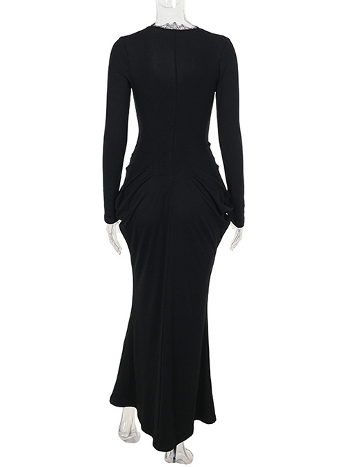 Black Sexy Waist V Neck Front Hollow Design Gothic Style Hip Wrapped Long Sleeved Dress