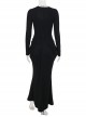 Black Sexy Waist V Neck Front Hollow Design Gothic Style Hip Wrapped Long Sleeved Dress