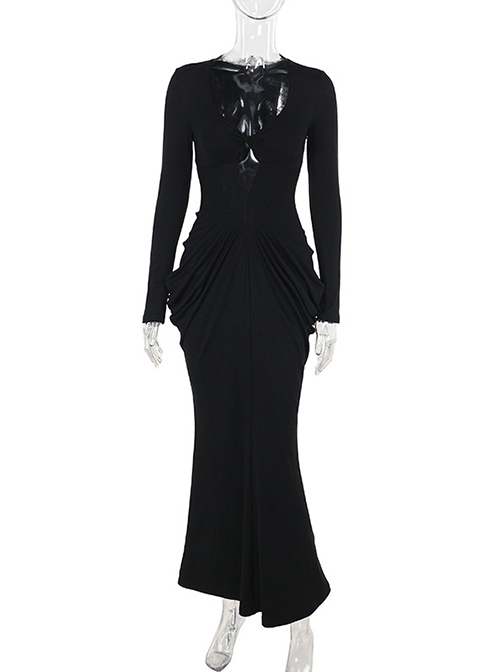 Black Sexy Waist V Neck Front Hollow Design Gothic Style Hip Wrapped Long Sleeved Dress