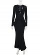 Black Sexy Waist V Neck Front Hollow Design Gothic Style Hip Wrapped Long Sleeved Dress
