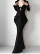 Black Sexy Waist V Neck Front Hollow Design Gothic Style Hip Wrapped Long Sleeved Dress