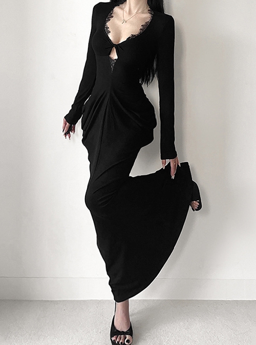 Black Sexy Waist V Neck Front Hollow Design Gothic Style Hip Wrapped Long Sleeved Dress