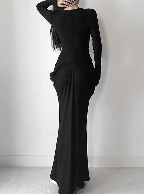 Black Sexy Waist V Neck Front Hollow Design Gothic Style Hip Wrapped Long Sleeved Dress