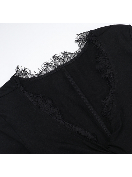 Black Sexy Waist V Neck Front Hollow Design Gothic Style Hip Wrapped Long Sleeved Dress