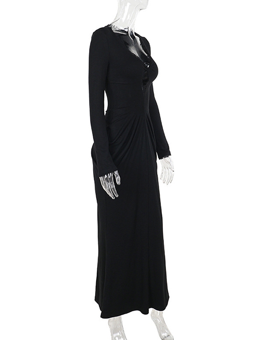 Black Sexy Waist V Neck Front Hollow Design Gothic Style Hip Wrapped Long Sleeved Dress