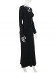Black Sexy Waist V Neck Front Hollow Design Gothic Style Hip Wrapped Long Sleeved Dress