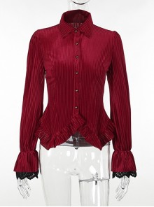 Fashionable Red Vertical Striped Velvet Fabric With Embroidered Lace Cuffs Punk Style Lapel Long Sleeve Shirt