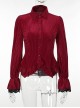 Fashionable Red Vertical Striped Velvet Fabric With Embroidered Lace Cuffs Punk Style Lapel Long Sleeve Shirt