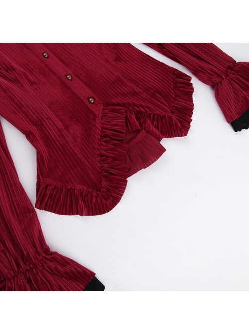 Fashionable Red Vertical Striped Velvet Fabric With Embroidered Lace Cuffs Punk Style Lapel Long Sleeve Shirt