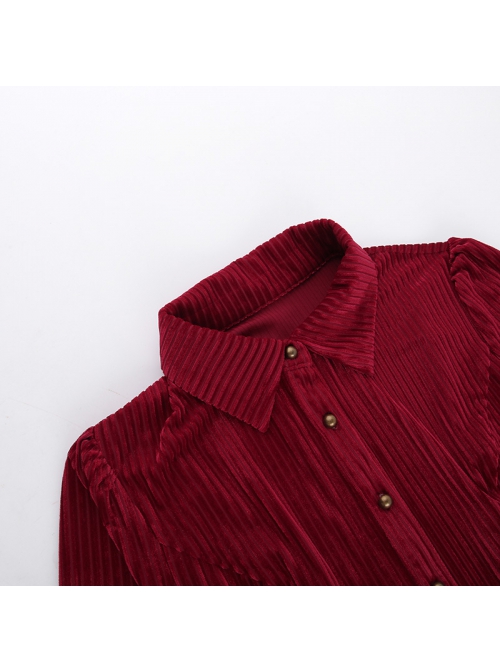 Fashionable Red Vertical Striped Velvet Fabric With Embroidered Lace Cuffs Punk Style Lapel Long Sleeve Shirt