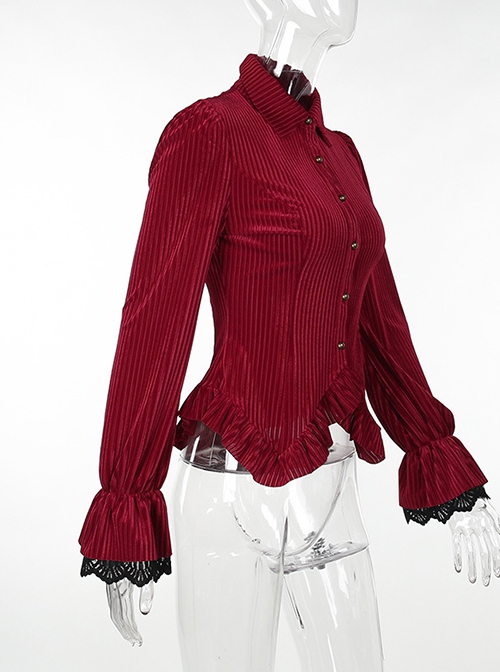 Fashionable Red Vertical Striped Velvet Fabric With Embroidered Lace Cuffs Punk Style Lapel Long Sleeve Shirt