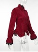 Fashionable Red Vertical Striped Velvet Fabric With Embroidered Lace Cuffs Punk Style Lapel Long Sleeve Shirt
