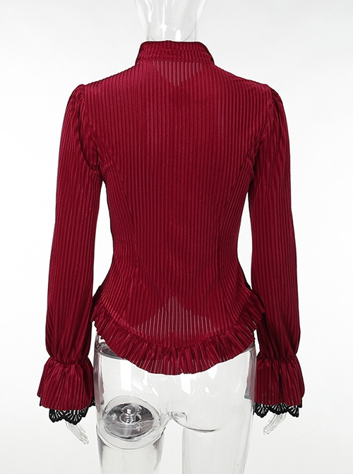 Fashionable Red Vertical Striped Velvet Fabric With Embroidered Lace Cuffs Punk Style Lapel Long Sleeve Shirt