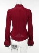 Fashionable Red Vertical Striped Velvet Fabric With Embroidered Lace Cuffs Punk Style Lapel Long Sleeve Shirt