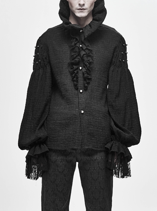 High Collar Pleated Chiffon Chest Frilly Beading Long Sleeve Lace Cuff Black Gothic Shirt