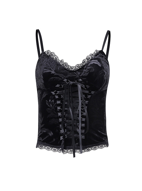 Retro Black Lace Front Cross-Strap Decoration Punk Style Sexy Vest