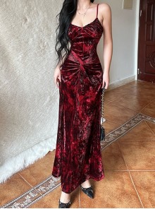 Red Gorgeous Floral Print Velvet Fabric Gothic Style Sleeveless Suspender Dress