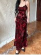 Red Gorgeous Floral Print Velvet Fabric Gothic Style Sleeveless Suspender Dress