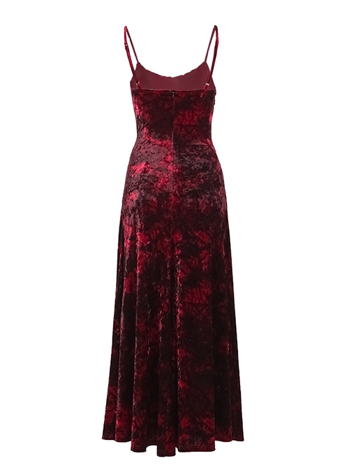 Red Gorgeous Floral Print Velvet Fabric Gothic Style Sleeveless Suspender Dress