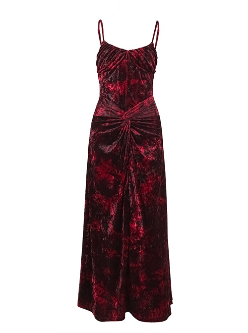 Red Gorgeous Floral Print Velvet Fabric Gothic Style Sleeveless Suspender Dress