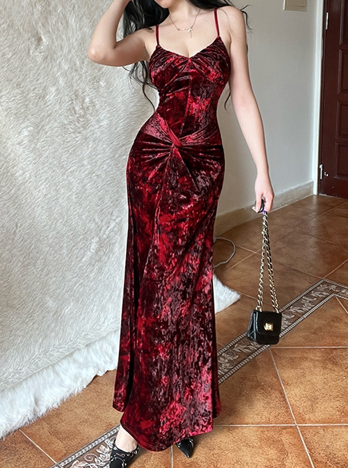 Red Gorgeous Floral Print Velvet Fabric Gothic Style Sleeveless Suspender Dress