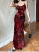 Red Gorgeous Floral Print Velvet Fabric Gothic Style Sleeveless Suspender Dress