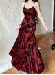 Red Gorgeous Floral Print Velvet Fabric Gothic Style Sleeveless Suspender Dress