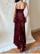 Red Gorgeous Floral Print Velvet Fabric Gothic Style Sleeveless Suspender Dress