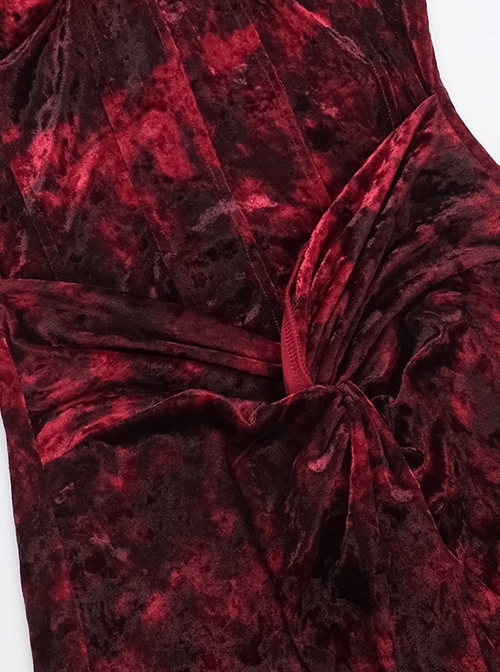 Red Gorgeous Floral Print Velvet Fabric Gothic Style Sleeveless Suspender Dress