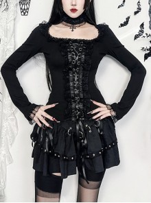 Black Slim Lace Front Metal Ring With Lace-Up Punk Style Round Neck Long Sleeve Top