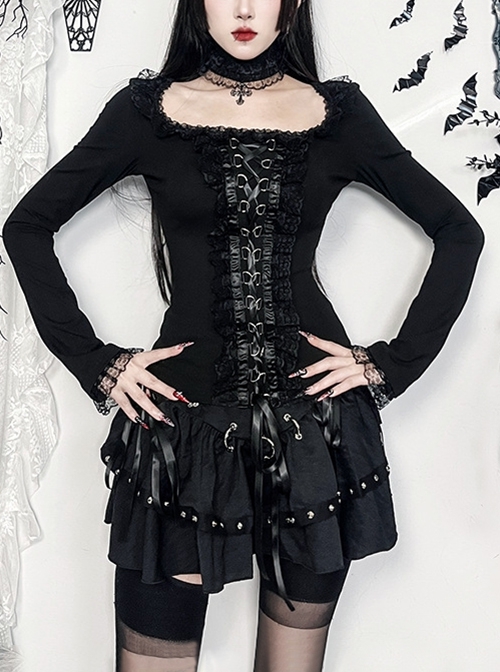 Black Slim Lace Front Metal Ring With Lace-Up Punk Style Round Neck Long Sleeve Top