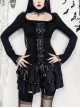 Black Slim Lace Front Metal Ring With Lace-Up Punk Style Round Neck Long Sleeve Top