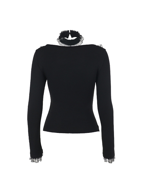 Black Slim Lace Front Metal Ring With Lace-Up Punk Style Round Neck Long Sleeve Top