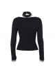 Black Slim Lace Front Metal Ring With Lace-Up Punk Style Round Neck Long Sleeve Top