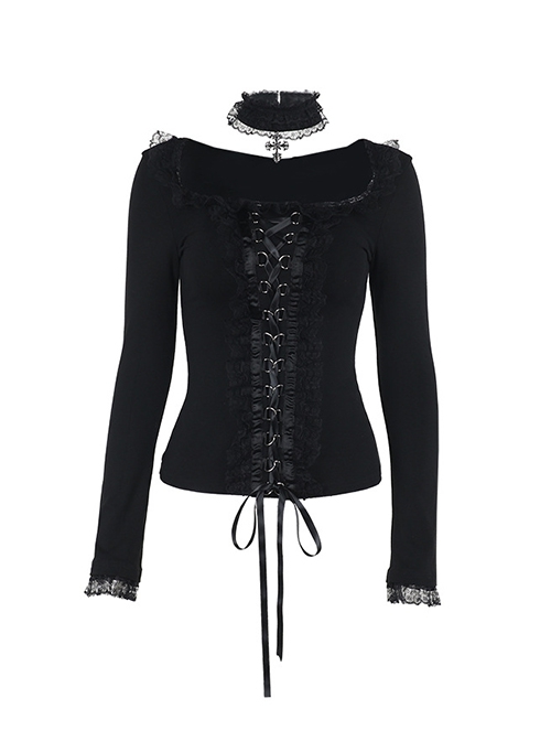 Black Slim Lace Front Metal Ring With Lace-Up Punk Style Round Neck Long Sleeve Top