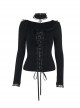 Black Slim Lace Front Metal Ring With Lace-Up Punk Style Round Neck Long Sleeve Top