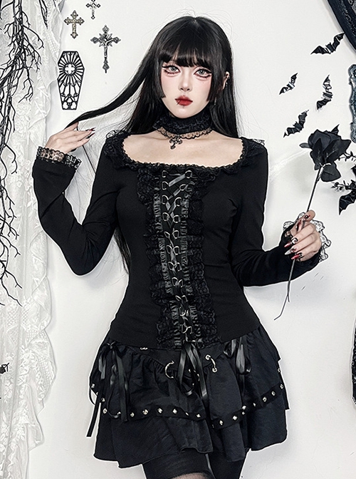 Black Slim Lace Front Metal Ring With Lace-Up Punk Style Round Neck Long Sleeve Top